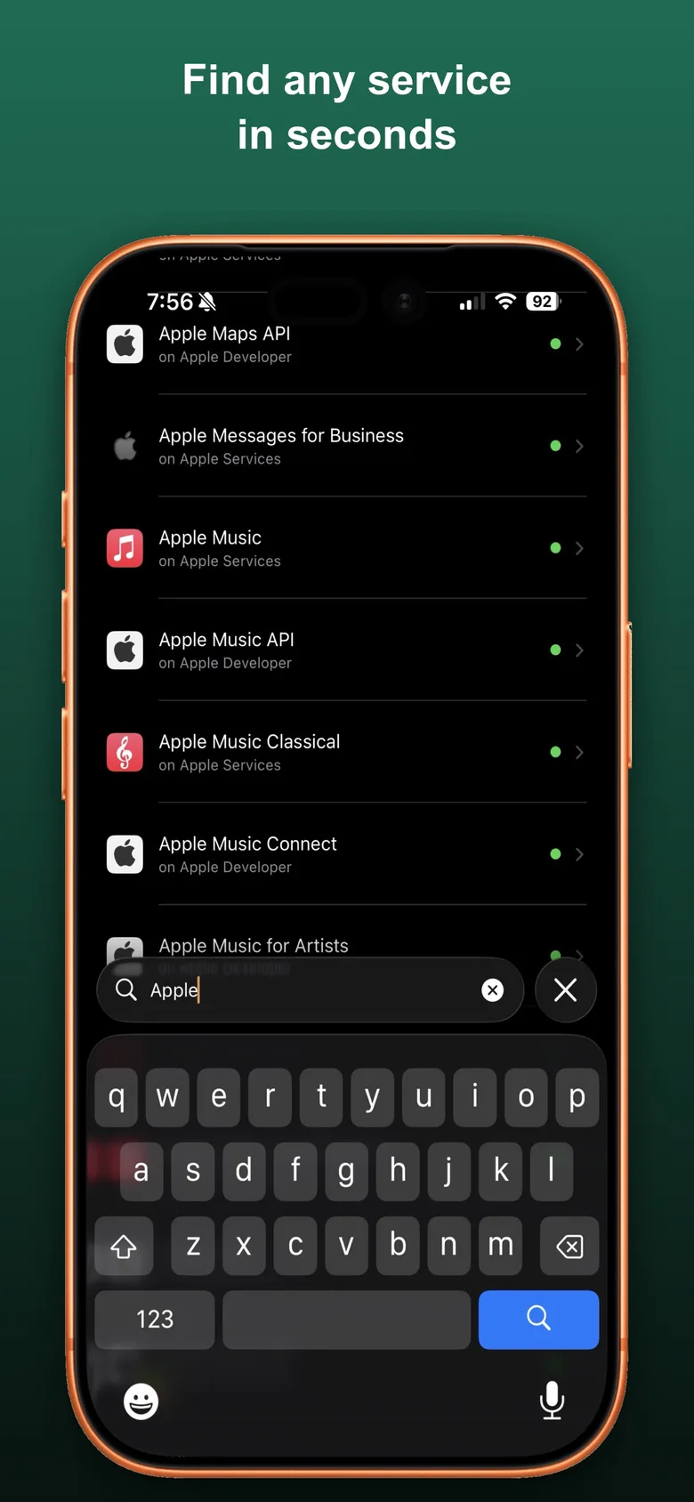 Vultyr search experience showing live results across services and sub-components like Apple Music, Apple Maps API, and Apple Music Classical