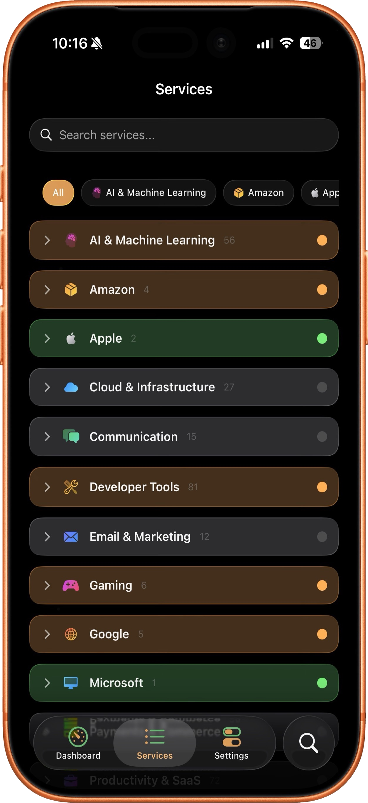 Браузер сервисов Vultyr с 15 категориями, включая Cloud, Dev Tools и AI