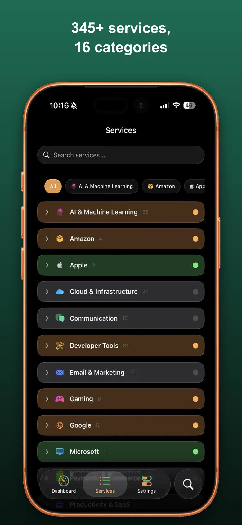 Vultyr service browser showing 15 categories including Cloud, Dev Tools, and AI