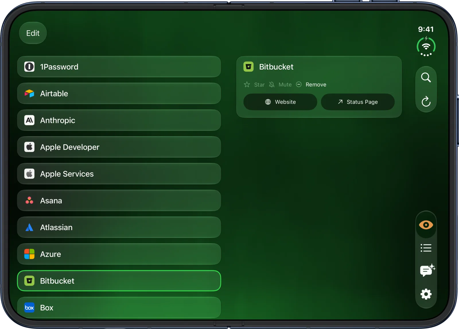 vultyr on iPhone Duo's open inner display: the watchlist on the left page, the service you picked on the right